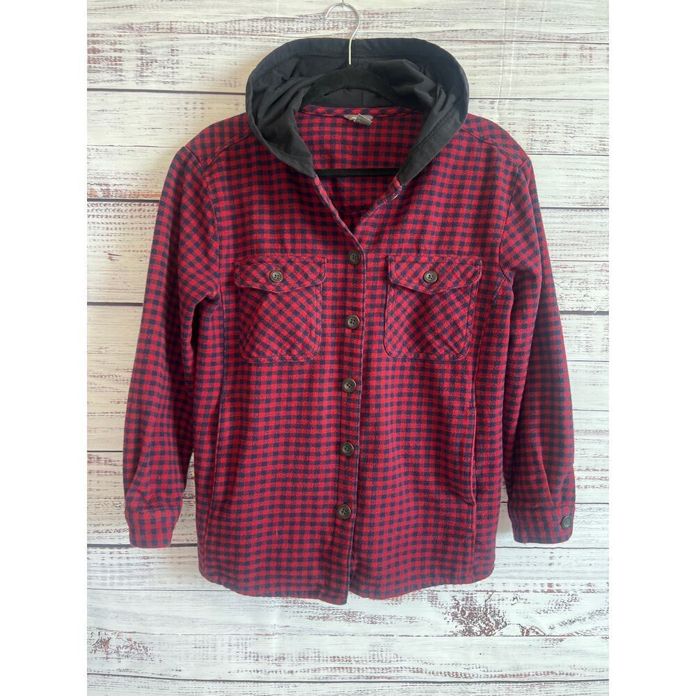 Eddie Bauer Women's flannel Hoodie "shacket" Navy Blue Red Black Medium